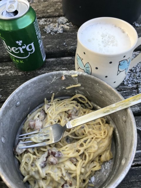 medefiskeri lejrliv fløde pasta bacon løg aftensmad lækkert